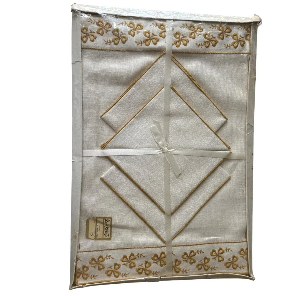 Vintage Linen Placemat Napkin Set 4 Gold Embroidered NOS Kaye Walt Creation
